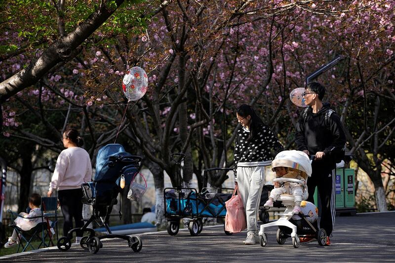 2023年4月2日,在上海公园里,一对父母推着婴儿车。(路透社)